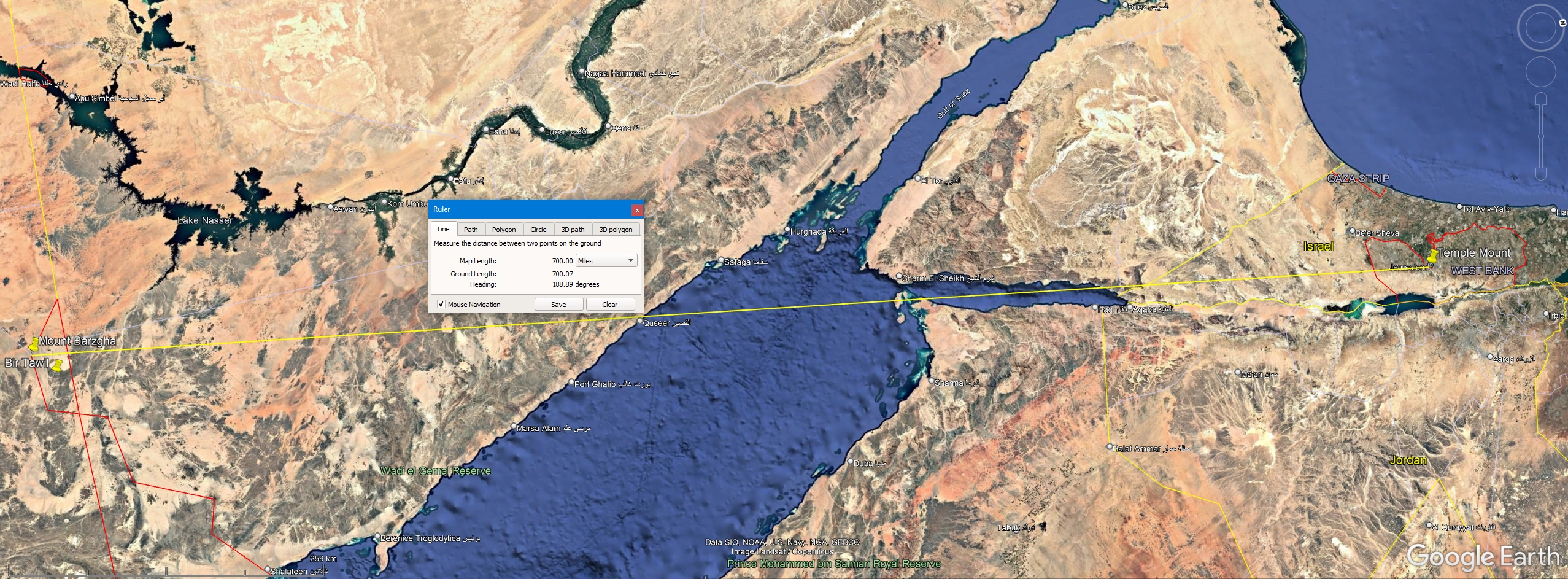 Map showing the 700-mile antipodal calculation